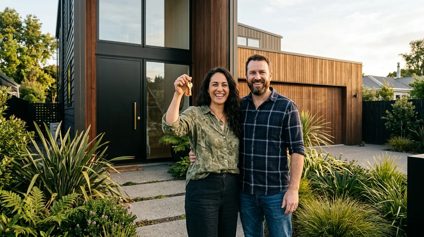 Delighted Kiwi couple holding brass keys outside their contemporary New Zealand home after mortgage approval
