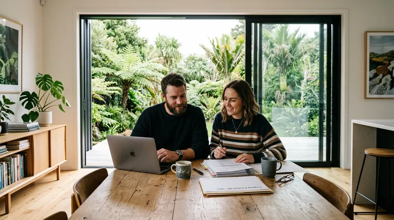Kiwi couple reviewing bank statements and financial spreadsheets on laptop at dining table in bright modern Auckland home