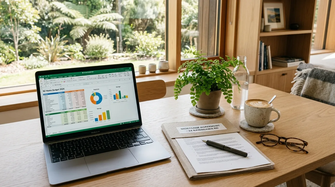 Mortgage statement review desk in modern New Zealand home with laptop showing budget charts and coffee cup