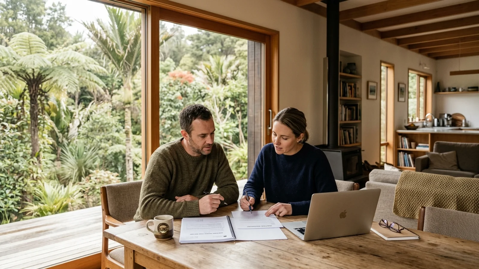 A couple reviewing a building inspection report and auction agreement paperwork at a wooden table in an Auckland home
