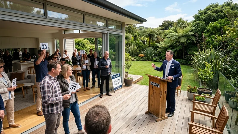 Contemporary New Zealand property auction taking place on a sunny deck of a modern home with bidders holding paddle cards