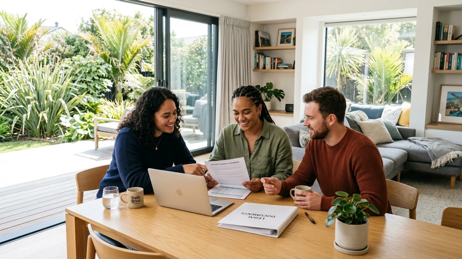 Kiwi friends at a dining table reviewing their Property Sharing Agreement and home loan documents