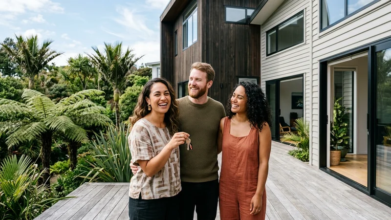 Three young adult Kiwi friends standing together on a timber deck of a modern home holding house keys