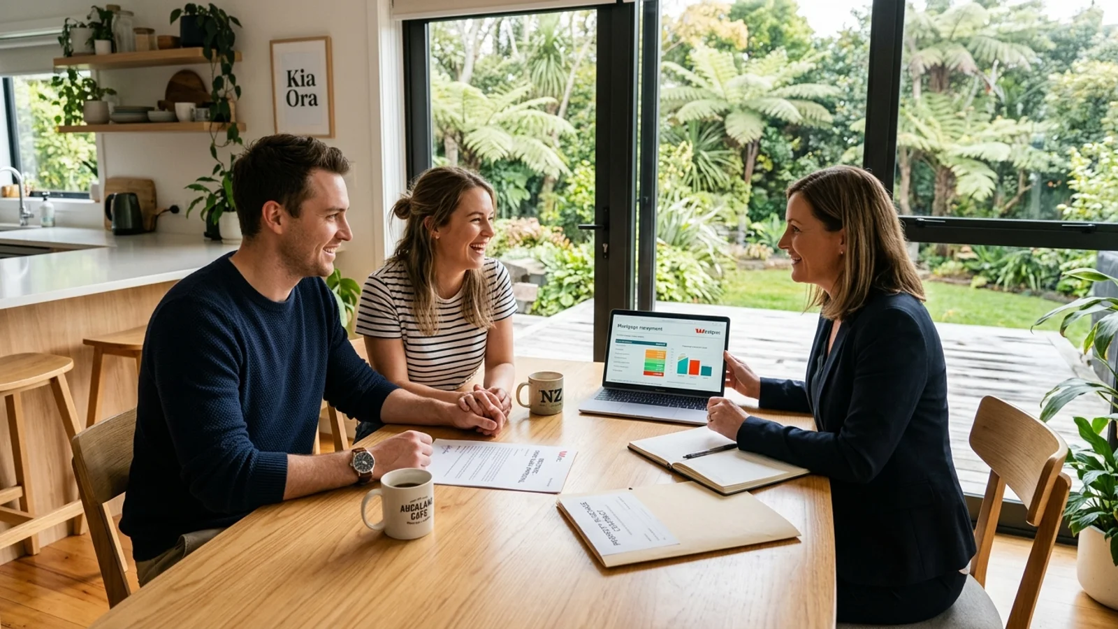 Young New Zealand couple reviewing off the plans property contract and mortgage calculations with a home loan adviser