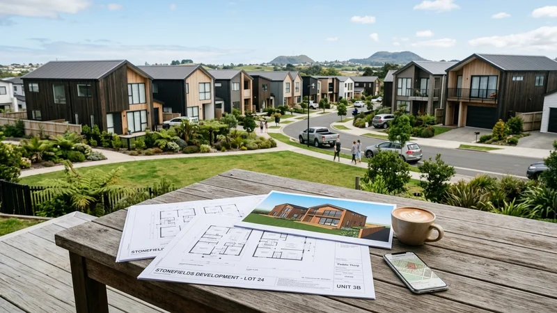 Modern contemporary New Zealand master-planned residential subdivision development with architectural floor plans on an outdoor table