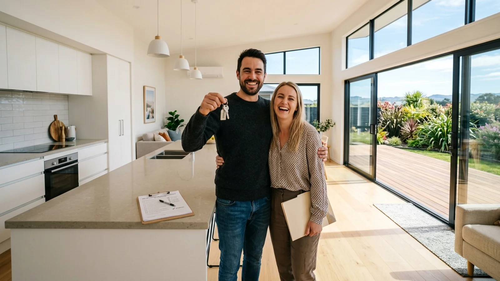 Happy Kiwi couple holding house keys in a bright modern open-plan newly built home during pre-settlement inspection