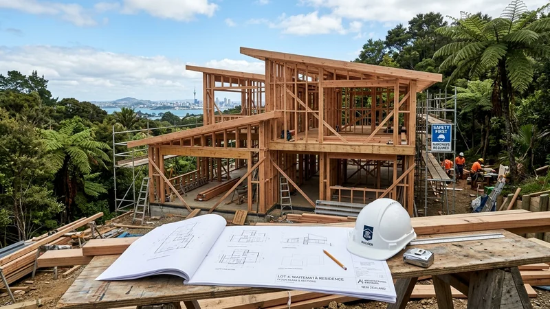 Contemporary New Zealand residential home timber framing under construction overlooking Auckland landscape with architectural blueprints on workbench