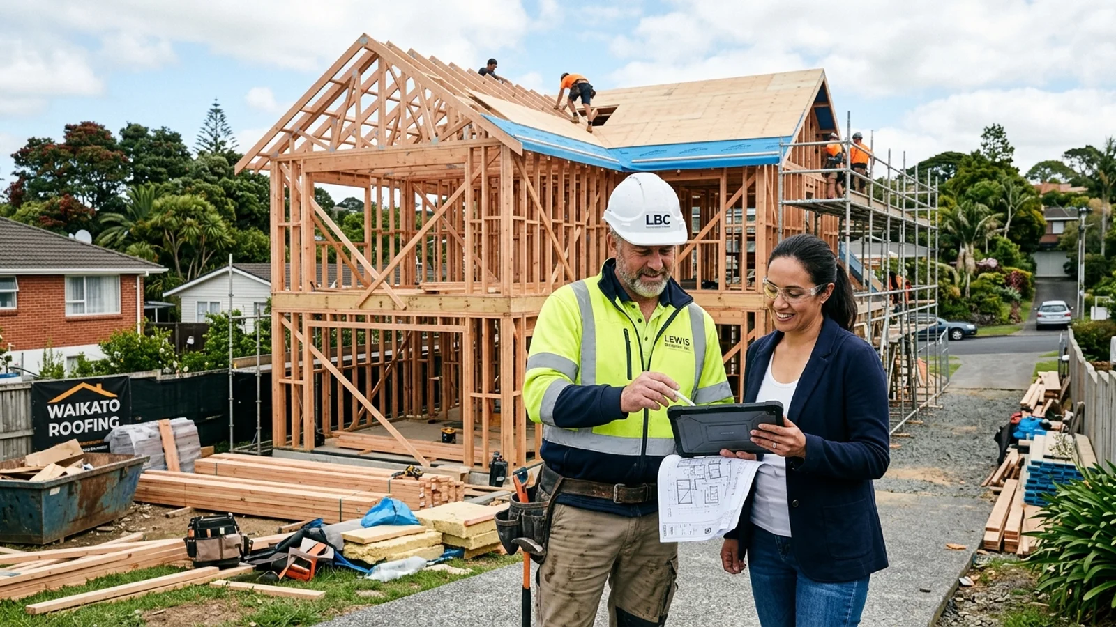 New Zealand builder and homeowner reviewing house construction progress and blueprints on a building site in Auckland