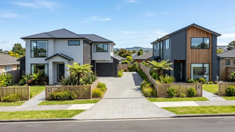 Two contemporary New Zealand residential suburban homes on a cross-lease property with shared driveway in Auckland