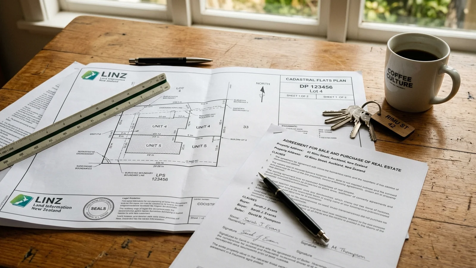 Close-up of official New Zealand cadastral flats plan title map spread on wooden desk beside sale agreement and keys