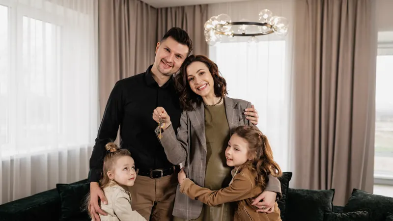A family celebrating receiving keys to their new home