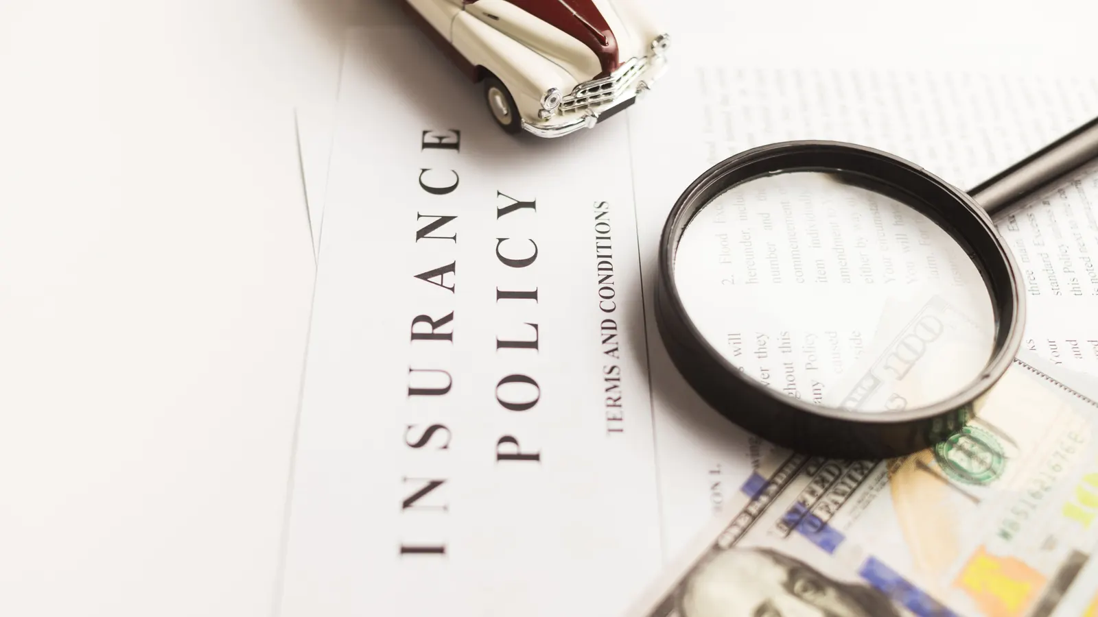 Magnifying glass held over a printed document, highlighting the fine print