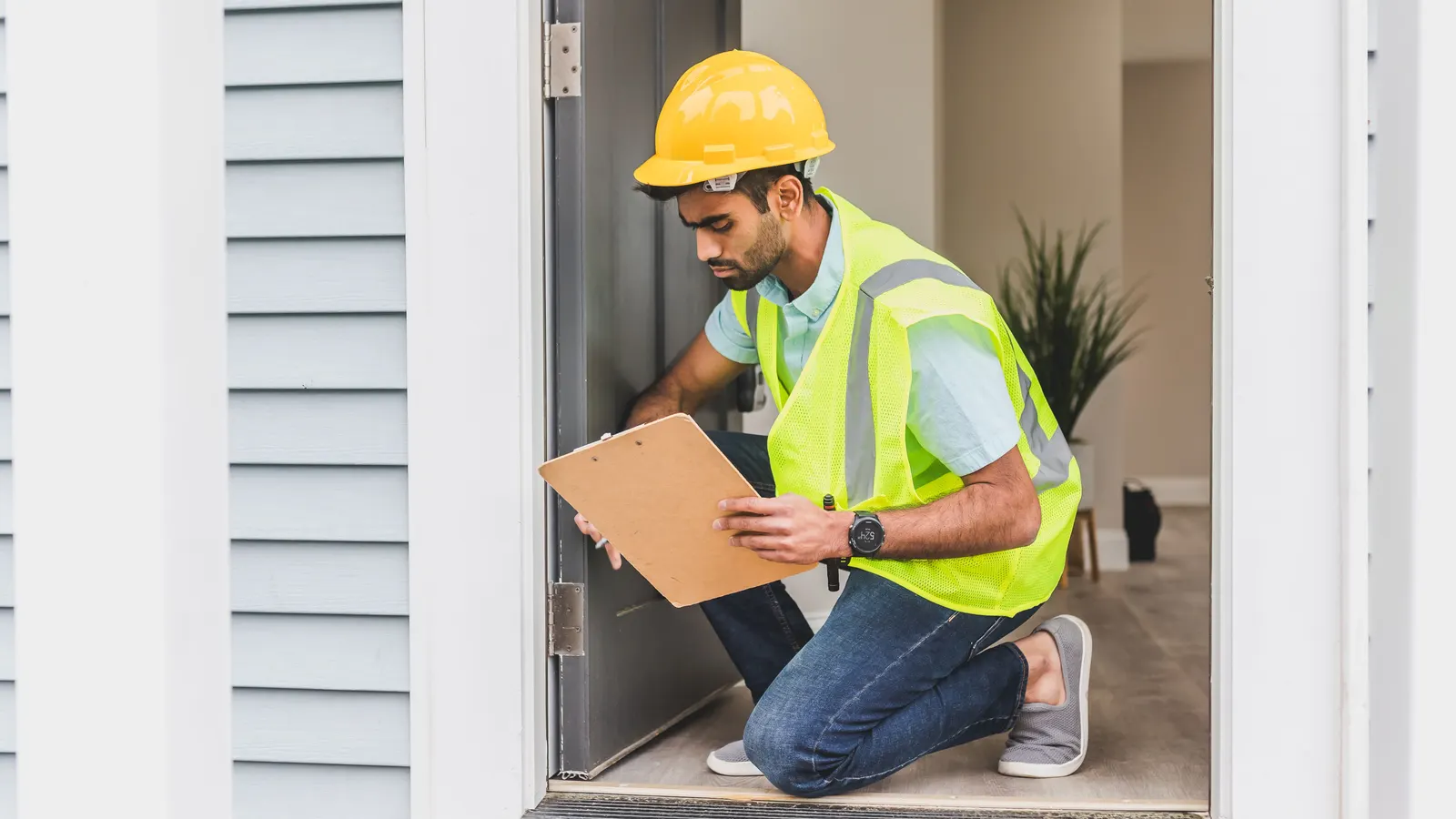 Building inspector kneeling at a doorway with a clipboard, examining a house before purchase