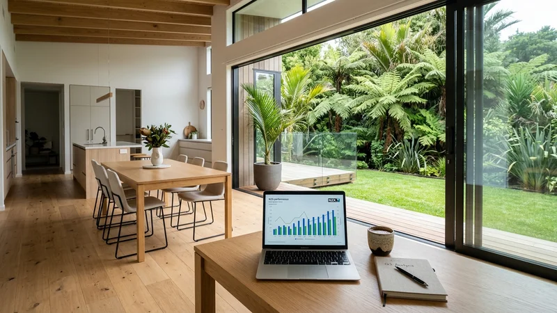 Modern Auckland home interior with financial graph on laptop and native ferns in background