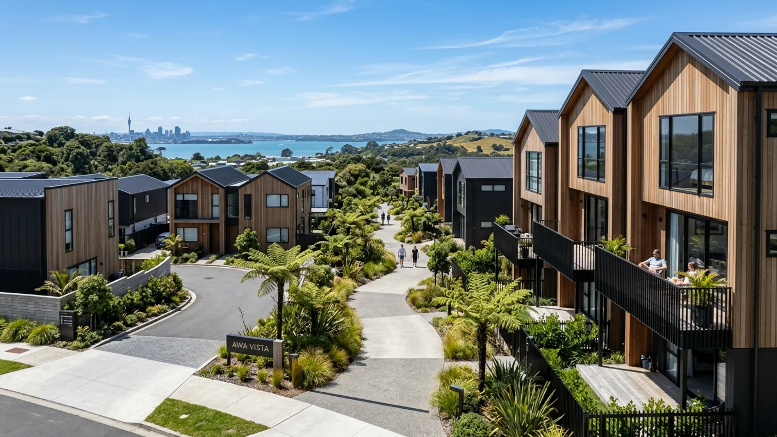 Modern New Zealand residential townhouse development in Auckland with cedar timber cladding and native landscaping