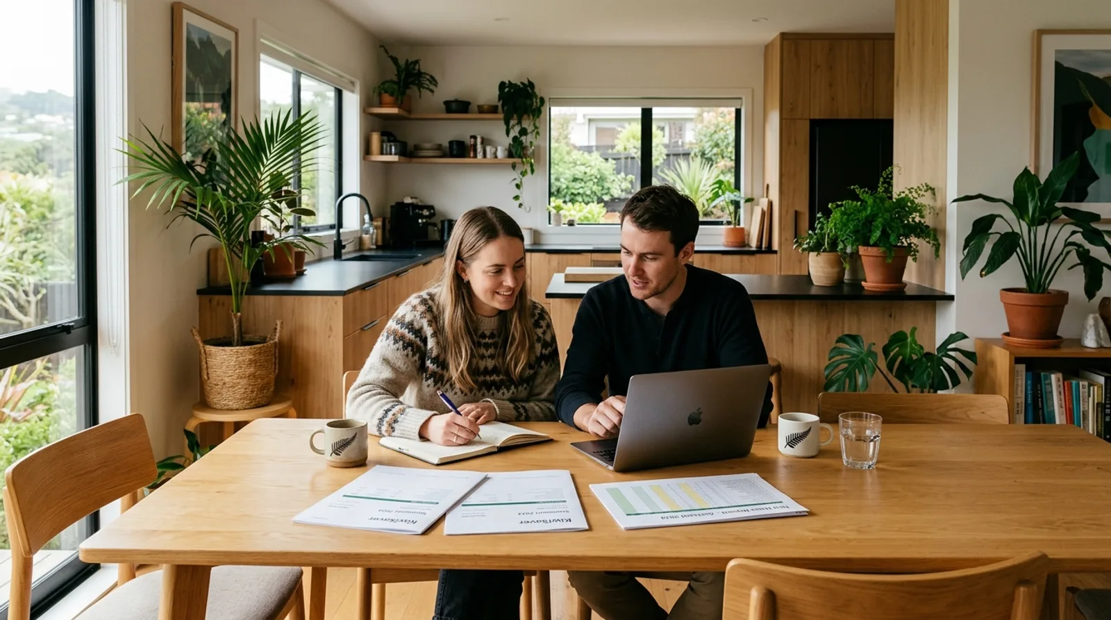 Young New Zealand couple reviewing KiwiSaver account balances and home loan deposit budget spreadsheets on laptop