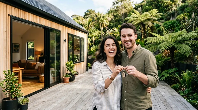 Smiling young New Zealand couple holding keys to their new Auckland home on timber deck