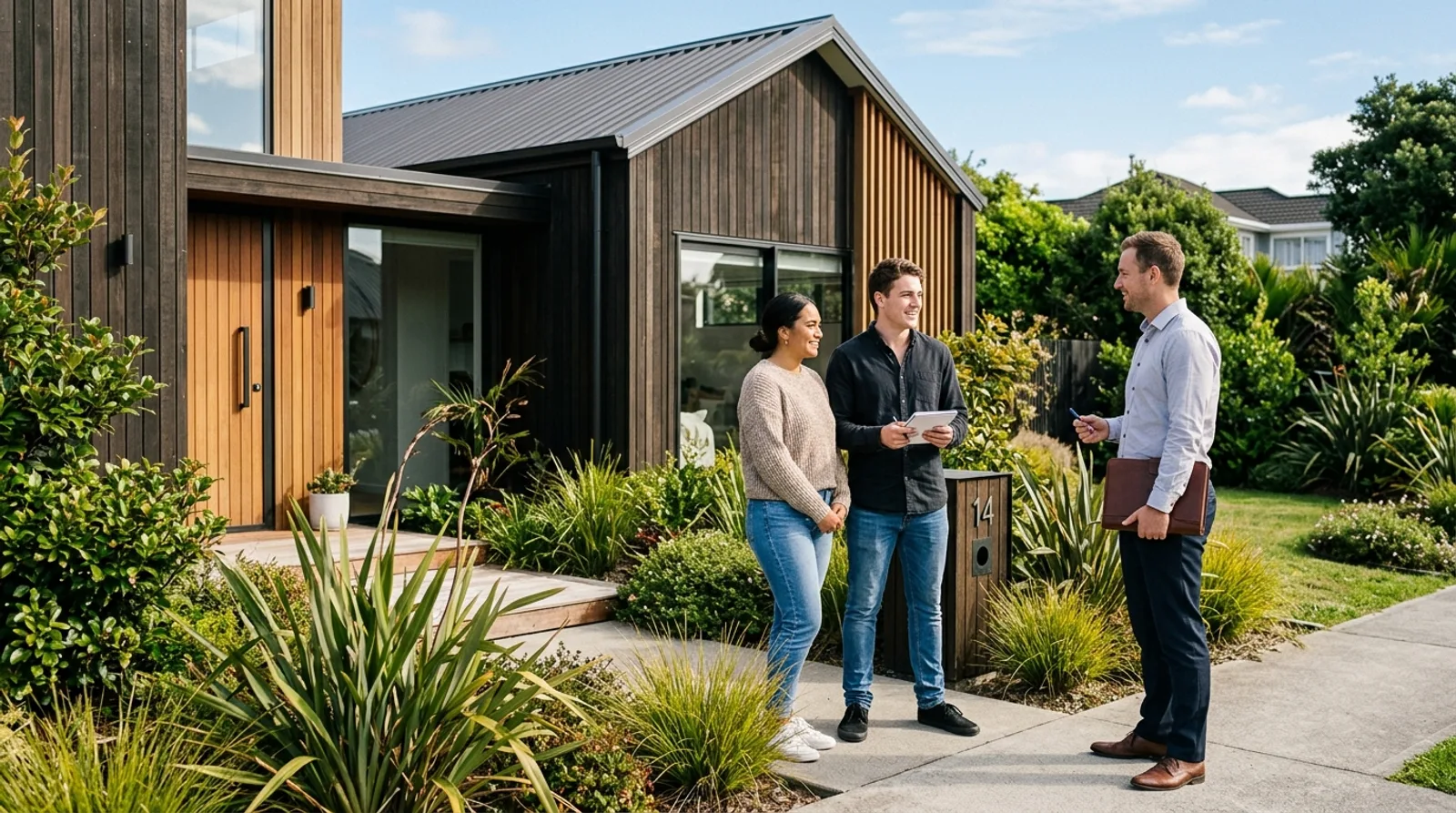 Young New Zealand couple standing outside a contemporary Auckland suburban home talking with a home loan adviser