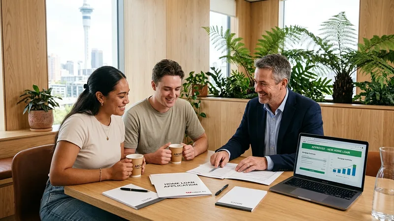 Approachable financial adviser reviewing home loan options with a smiling young Kiwi couple in modern Auckland office
