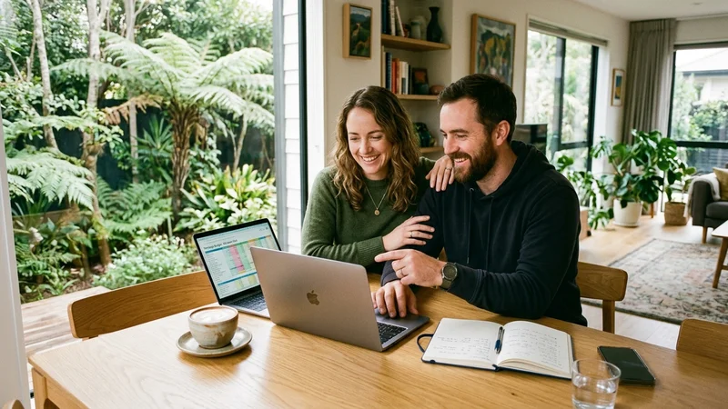 New Zealand couple reviewing their mortgage budget and refix options on a laptop at their kitchen table