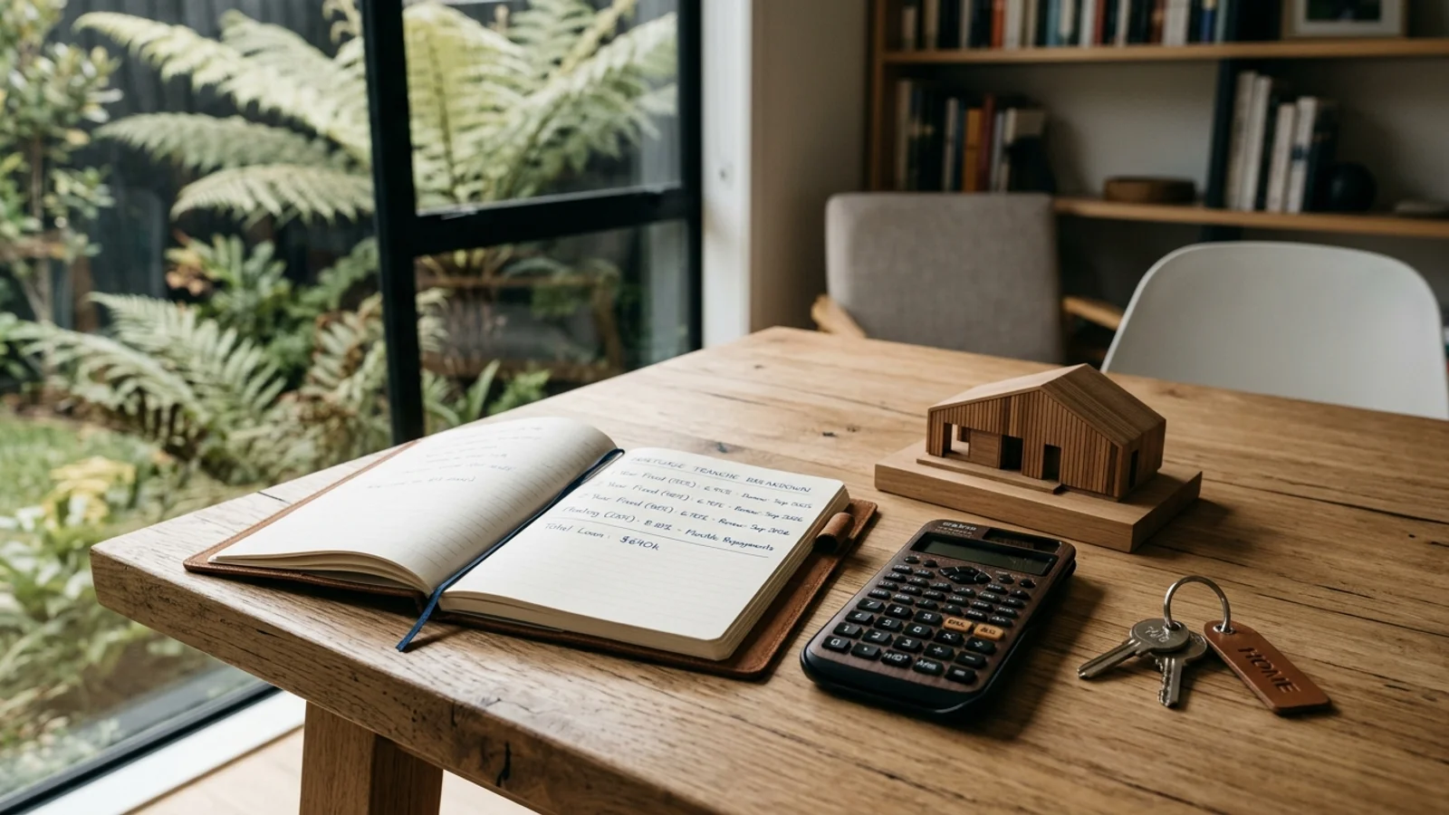 Home office desk with mortgage tranche breakdown notes, calculator, and house model overlooking New Zealand greenery