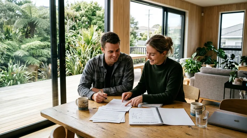 Young New Zealand couple reviewing printed property purchase contract and building inspection report at dining table in Auckland home