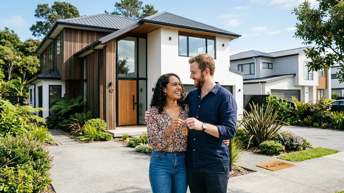 He tokorua Kiwi rangatahi e pupuri ana i ngā kī o tō rāua kāinga hou