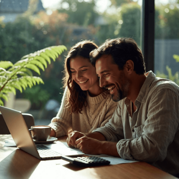 Happy homeowners reviewing their smart home loan options